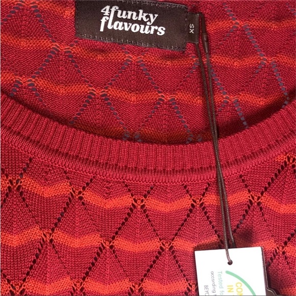 4 Funky Flavours Red & Orange Stripes Scoop Neck Open Knit Diamond Sweater SzXS - Picture 14 of 16